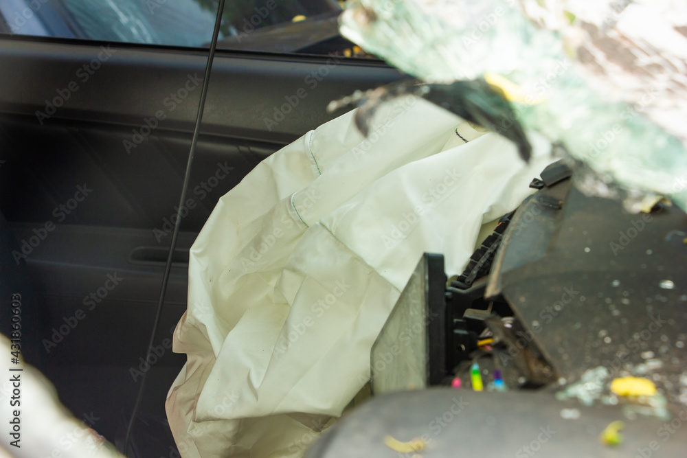 closeup and select focus airbag exploded at a car accident,car crash air bag,automatic car