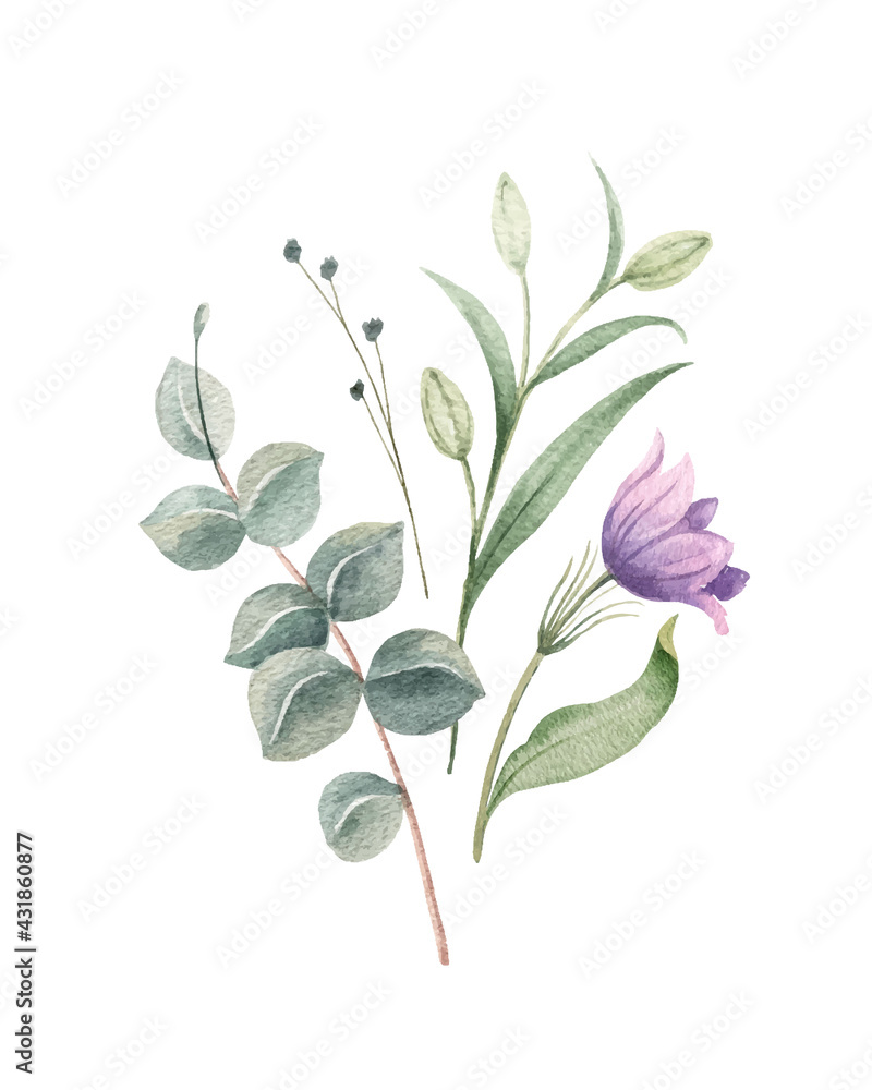 Watercolor vector bouquet of green branches and flowers.