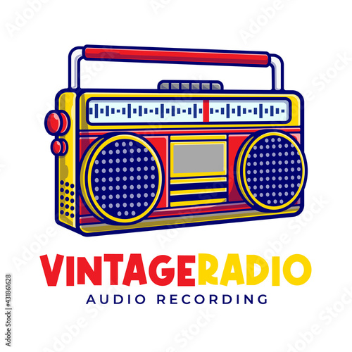 Vintage Radio Mascot Cartoon Logo Template. Tape Radio Editable Logo. Music and Hobby Concept Flat Cartoon Style