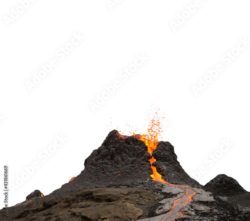 Fotografiet Volcano crater during lava eruption isolated on white background