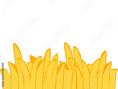 French fries. Roasted potato chips in deep fat fry oil potatoes. Yellow sticks. Fastfood. Unhealthy tasty food. Horizontal banner, isolated on white background.