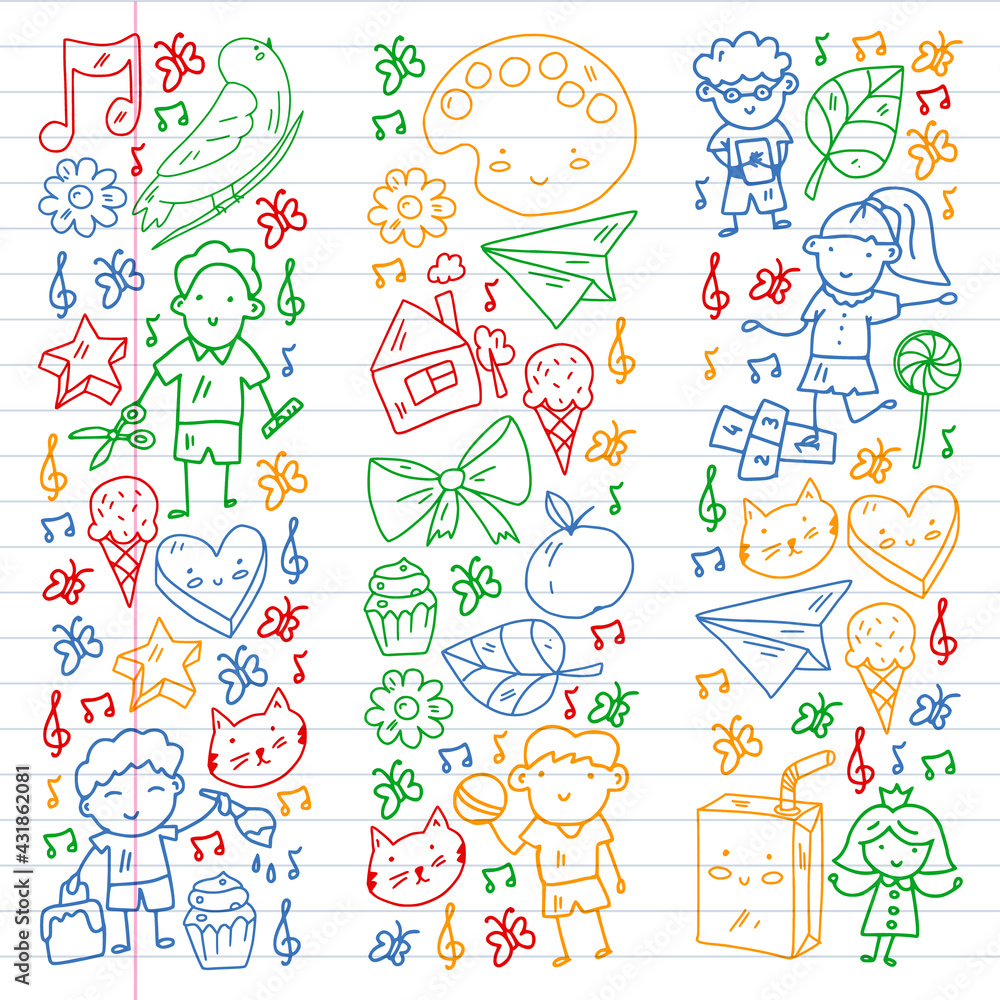 Cartoon icons with education items. Online lesson. E-learning.