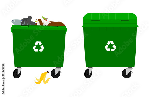 Overflowing and empty garbage bin, container.
