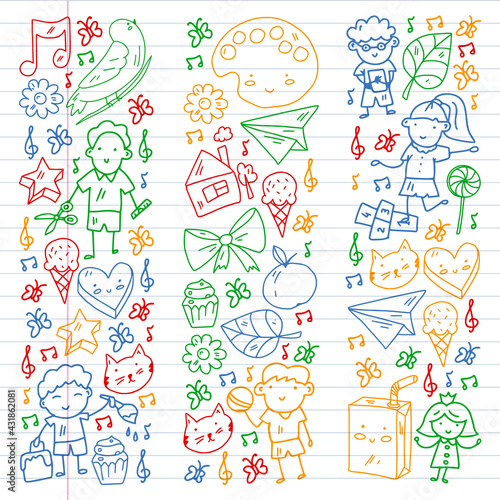 Cartoon icons with education items. Online lesson. E-learning.