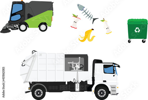 Vector illustration. Realistic hi-detailed street sweeper, garbage truck and container.