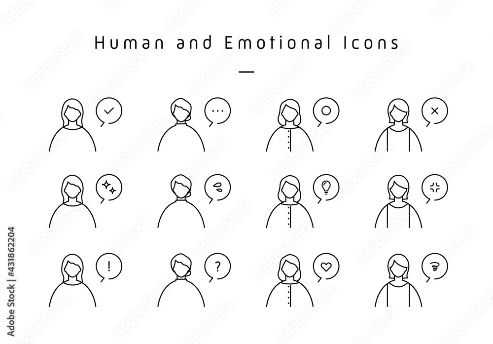 女性と感情アイコンのふきだしセット 気持ち 絵文字 シンプル 閃き 驚き 電球 汗 人物 Stock Vector Adobe Stock
