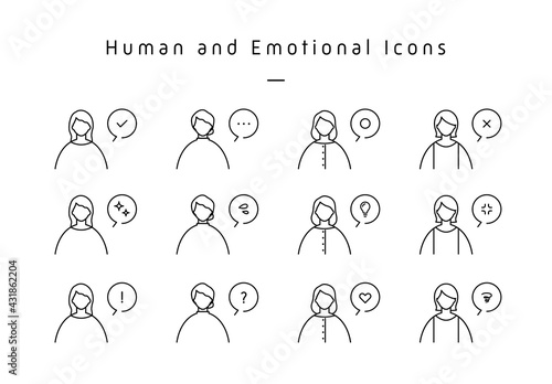女性と感情アイコンのふきだしセット　気持ち　絵文字　シンプル　閃き　驚き　電球　汗　人物