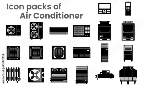 Vector Icon packs of Air conditioners various type as symbol-block-line-outline. Various objects of air conditioners-condensing fan coil indoor-outdoor unit ceiling mount wall mount and remote control