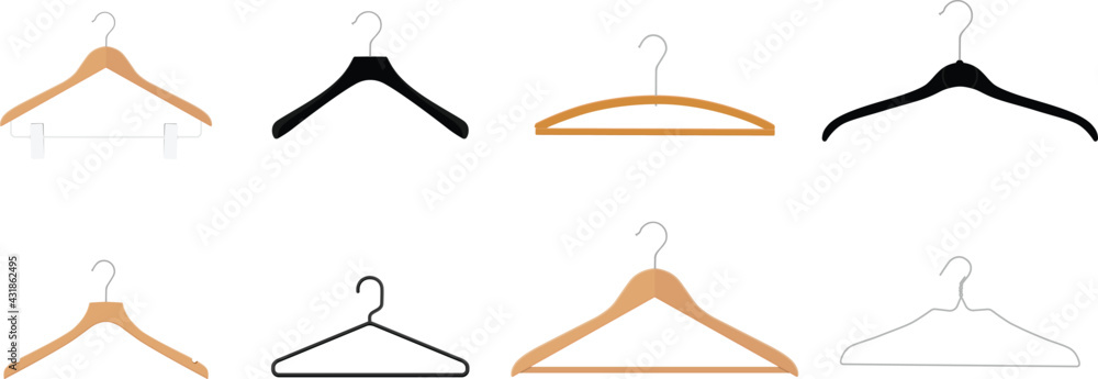 Wooden, plastic and metal wire coat hangers, clothes hanger on a white background - obrazy, fototapety, plakaty 