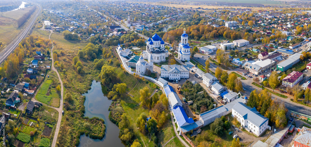 Panoramic view of Bogolubsky convent (XVIII century) on sunny autumn day. Bogolubovo, Vladimir Oblast, Russia.