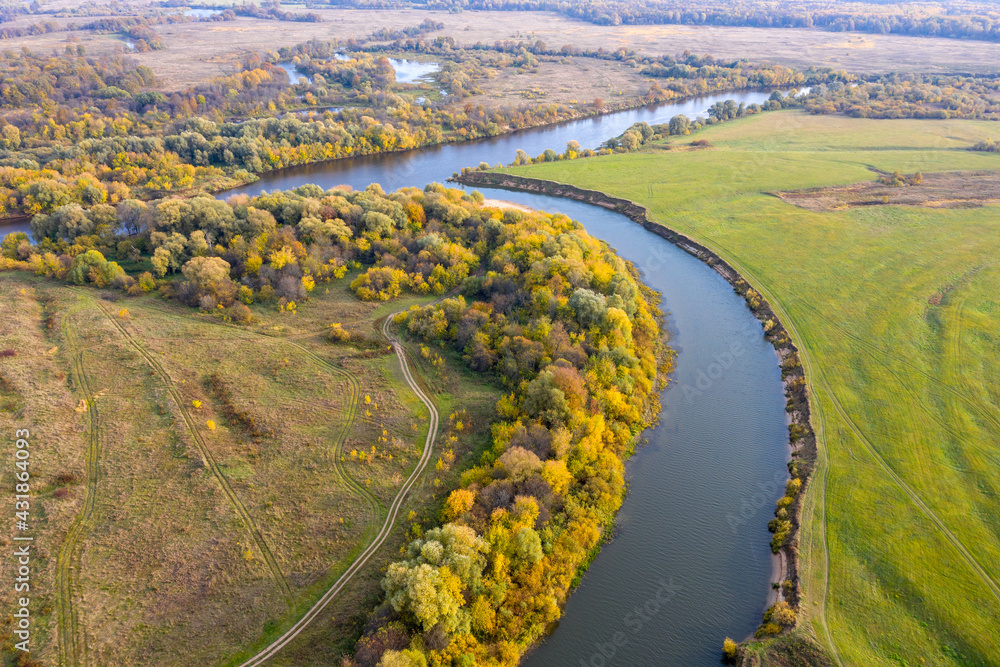 Aerial view Nerl river on sunny autumn day. Vladimir Oblast, Russia.