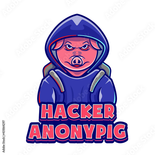 Hacker Pig Cartoon Logo Template. Cute Animal Pig Company Editable Logo. Pet Shop Logo Concept Flat Cartoon Style