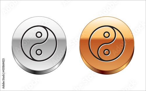 Black line Yin Yang symbol of harmony and balance icon isolated on white background. Silver-gold circle button. Vector