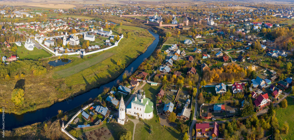 Panoramic aerial view of Suzdal town on sunny autumn day. Suzdal town, Vladimir Oblast, Russia..