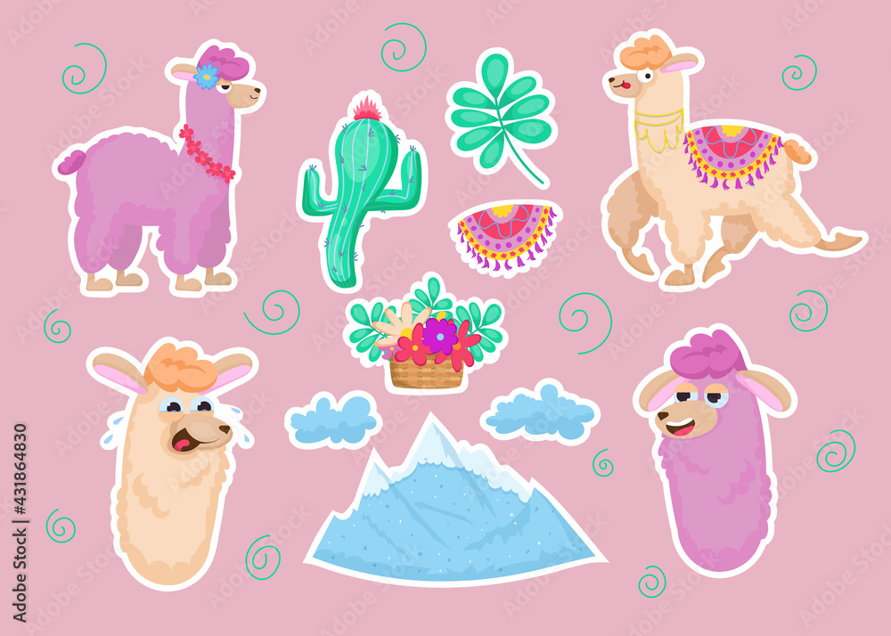 Fototapeta premium Colorful sticker set with llamas. Cute furry wild animals, mountain, clouds, flowers, cactus isolated on pink background. Peru, Mexico, nursery design for children concept