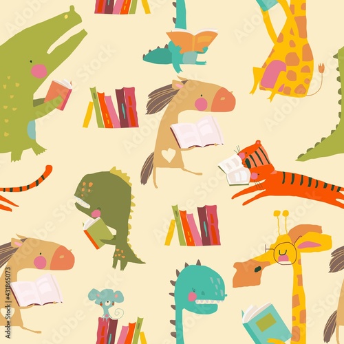 Seamless pattern of cute Animals reading books