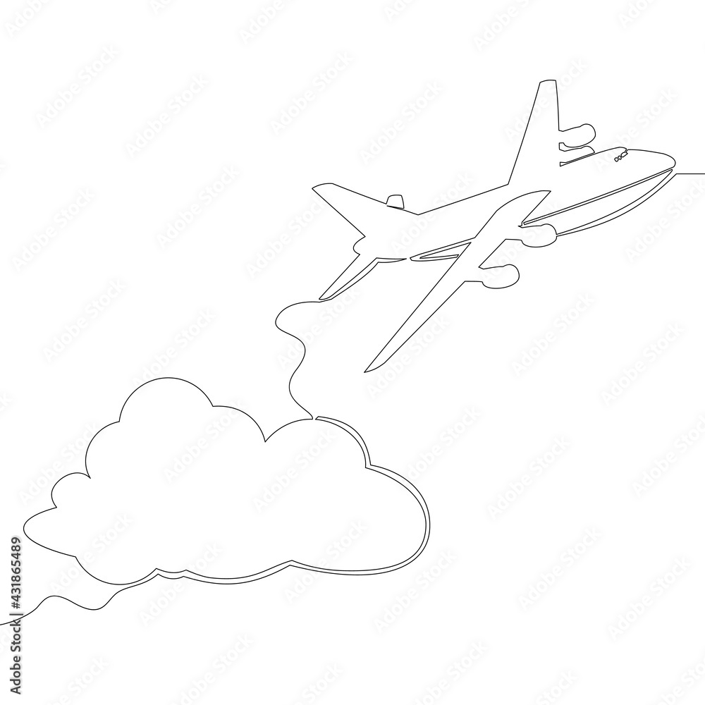 Continuous line passenger plane and cloud concept