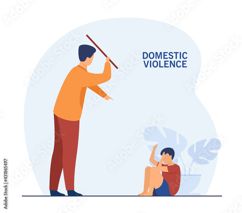 Father punishing his child at home. Flat vector illustration. Man punishing his son for wrongdoing, holding stick in his hands, swinging at frightened child. Domestic violence, family abuse concept