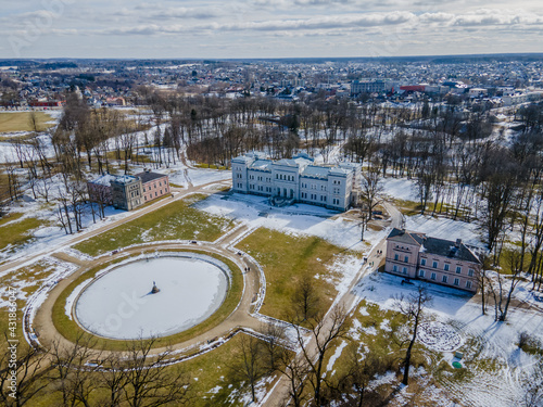 Aerial view of Plunge Manor is a former Oginski residential manor in Plunge, Lithuania. It now harbors the Samogitian art museum. photo