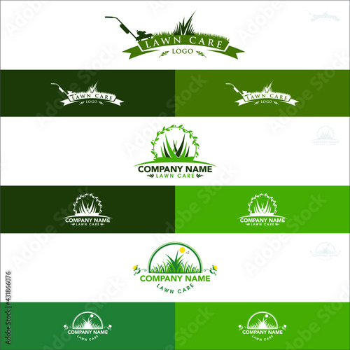 Lawn Care Logo with Grass Cutting Machine Design Template Vector