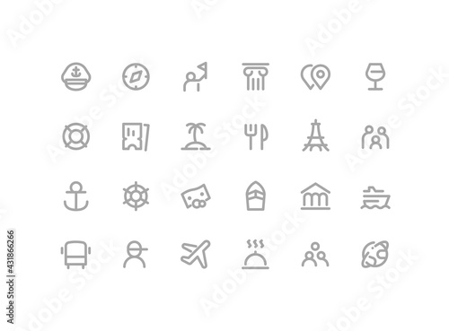 Premium Icons Pack on Travel and Tourism, Cruise Options, Tour. Such Line Signs as Guide, Flights, Excursions, Beach, Tickets. Vector Thin Icons Set for Web and App in Outline Style Editable Stroke.
