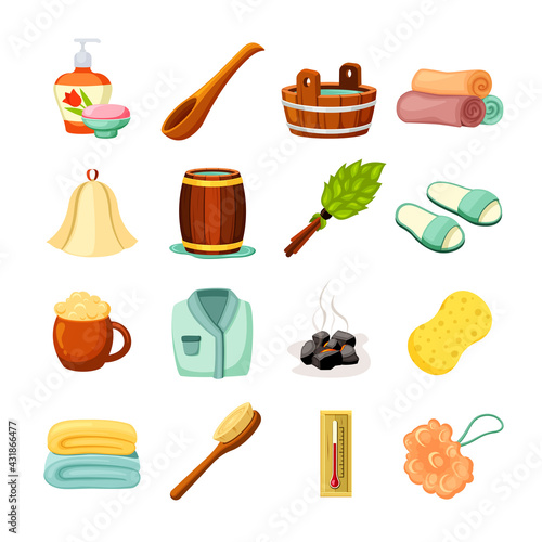 Traditional bath items set. Scented loofah soap and mug foamy beer wooden brown wellness ladle with bucket and massage green leafy broom barrel full hot black coals. Vector cartoon relaxation.