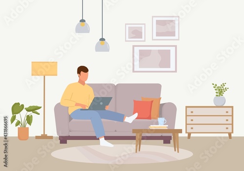 Convenient work at home illustration. Male character sitting with laptop cozy soft purple sofa calm atmosphere home leisure and relaxed freelancing in pandemic. Cartoon vector calmness.