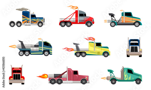High speed heavy trucks set. Cars with powerful jet engines fashionable coloring for extreme futuristic sports on massive wheels with flying flames and body paint. Motorsport cartoon vector.
