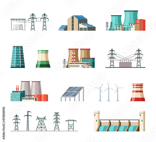 Industrial and ecological electric power installations set. Powerful structures pipes fueled nuclear fuel and coal substation containers connected iron poles safe wind turbines. Cartoon vector.