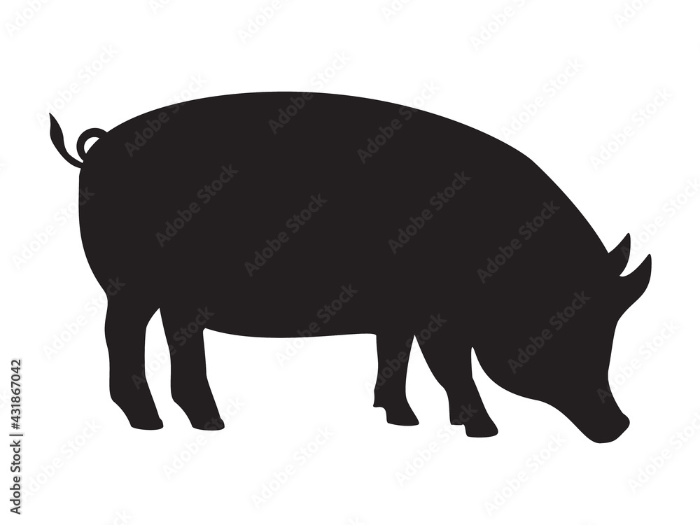 Vector pig silhouette side. Pork animal icon isolated on white background. Pig farm Vector pig silhouette side. Pork animal icon isolated on white background. Pig farm