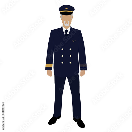 Confident pilot. Confident male pilot in uniform. Vector illustration. Profession pilot of aircraft. Man in uniform standing. Captain