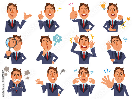 Young businessman with different facial expressions on white background. Vector illustration in flat cartoon style.