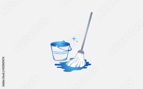 Mop And Bucket Vector Icon Illustration. Cleaning Tool Icon Concept. Flat Cartoon Style