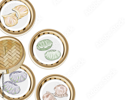 Set of steamed dumplings in bamboo basket steamer with lid on white background. Close up hand drawing Asian food vector illustration.