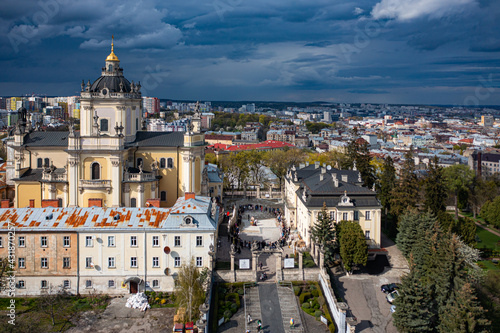  Aerial view on St. George's Cathedral in Lviv, Ukraine from drone. Consecration of Easter food, cakes, eggs