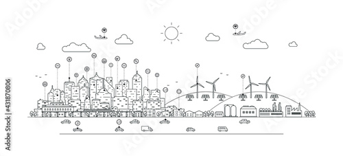Smart city with line symbols. 5th internet service, urban with things and services icons connection, internet of things, network with high speed connection. Vector illustration.