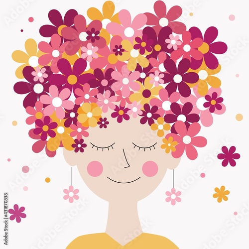 Female flat face with flowers instead of hair. Concept of spring, summer, mother's day. Greeting card.