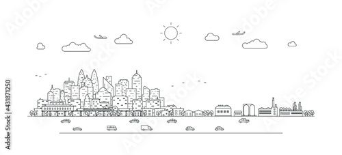Smart city with line symbols. 5th internet service, urban with things and services icons connection, internet of things, network with high speed connection. Vector illustration.