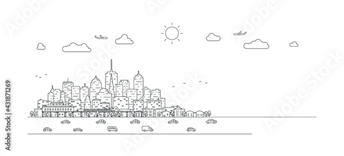 Smart city with line symbols. 5th internet service, urban with things and services icons connection, internet of things, network with high speed connection. Vector illustration.