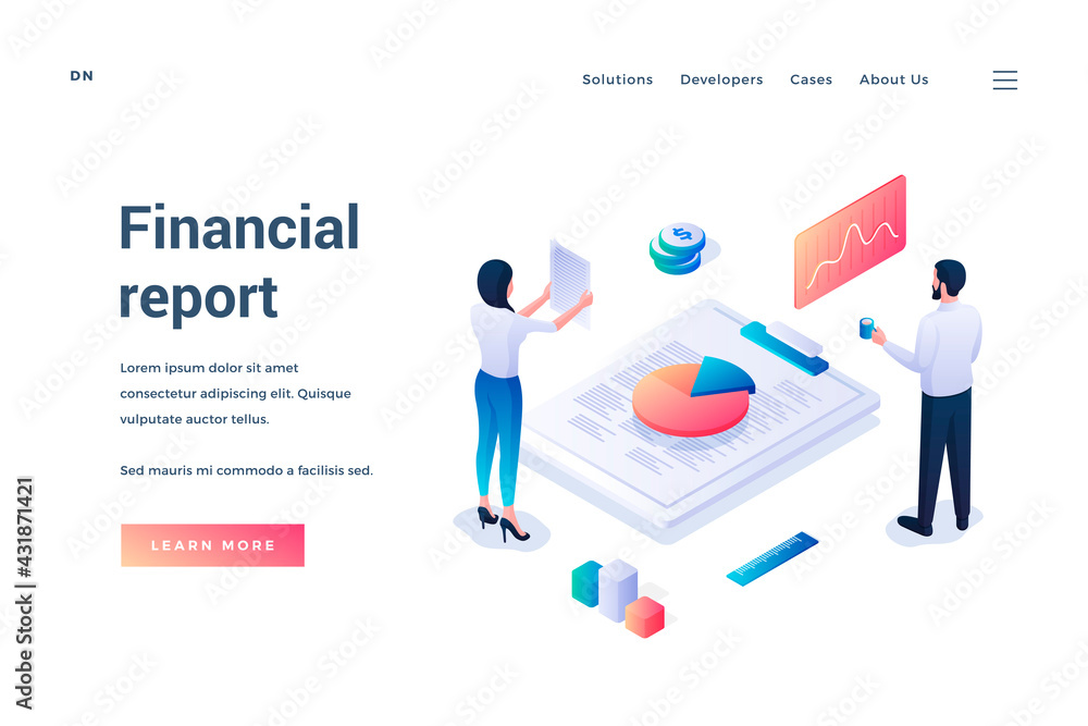Financial report. Isometric web banner. Male and female characters standing in front of huge tablet with documents and working with diagrams and graphs. Landing page template. Vector illustration Financial report. Isometric web banner. Male and female characters standing in front of huge tablet with documents and working with diagrams and graphs. Landing page template. Vector illustration