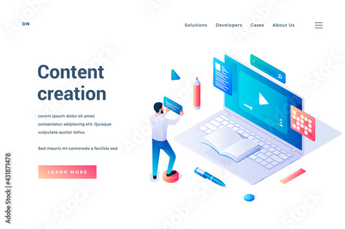 Content creation. Isometric vector web banner. Man standing in front of huge laptop and making content for blog. Writing and editing texts. Copywriting and content marketing. Blogging, article writing