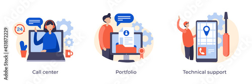 Call center, Portfolio and Technical support concept flat illustration for corporate website pages. Customer support 24 7. Service center location. Flat vector illustration