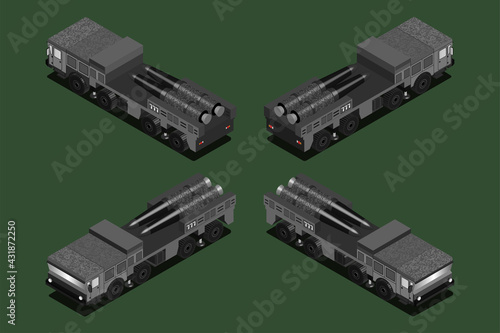Isometric 3d military four-axle self-propelled tactical launcher with two missiles. Four projections on a green background