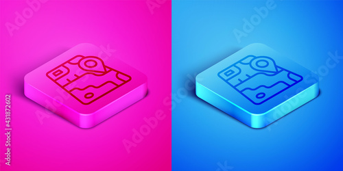 Isometric line Infographic of city map navigation icon isolated on pink and blue background. Mobile App Interface concept design. Geolacation concept. Square button. Vector