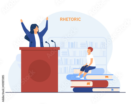 Cartoon boy dreaming of becoming orator. Flat vector illustration. Tiny boy sitting on giant book heap, listening to woman making public speech. Rhetoric, oratory, speaking, education concept