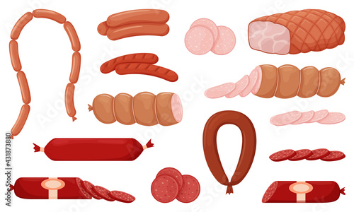 Set of boiled and smoked sausage products, frankfurter, grilled sausages, whole sausage, half, sliced, boiled pork, string of sausages. Food, meat dish. Color vector illustration isolated on white