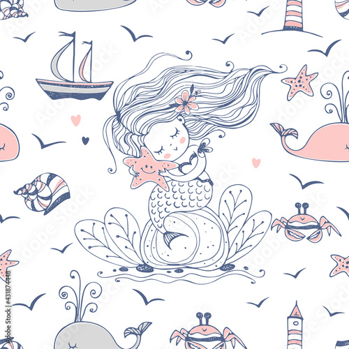 Φωτογραφία Seamless pattern with cute mermaid and sea creatures. Vector