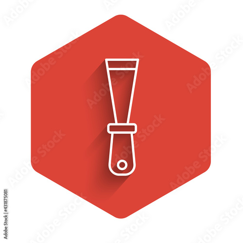 White line Putty knife icon isolated with long shadow. Spatula repair tool. Spackling or paint instruments. Red hexagon button. Vector