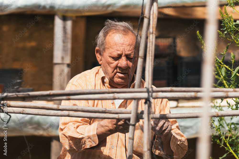 senior preparing materials to build structure on farm. Selective focus. senior preparing materials to build structure on farm. Selective focus.