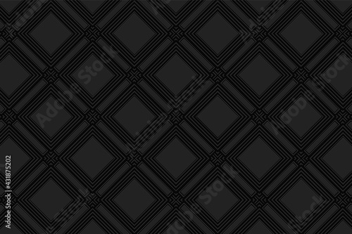 3D volumetric convex embossed black background. Ethnic geometric style. Modern creative curly pattern for wallpapers, presentations, textiles, websites, coloring, wrapping paper.